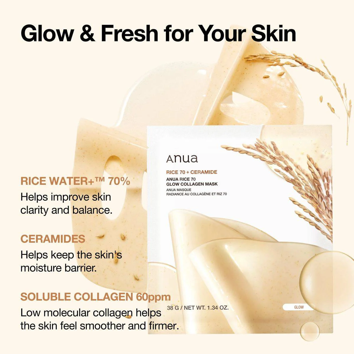 Anua Face Mask Rice 70 Glow Collagen 38g x 4 Pieces - Image 3