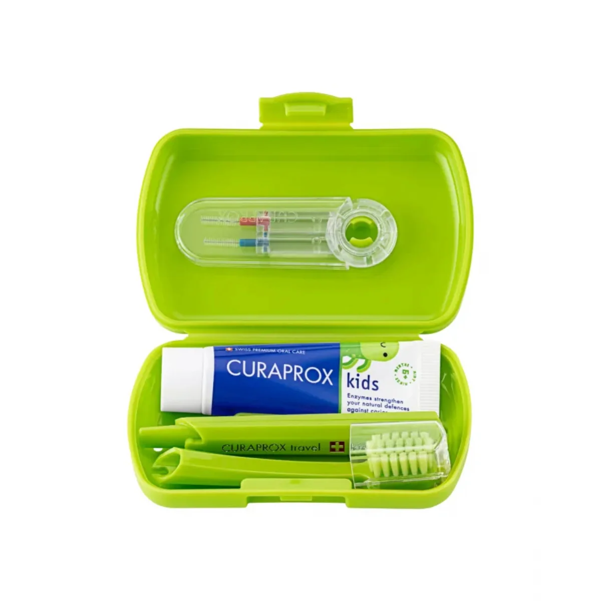 Curaprox Kids Travel Set Green Toothbrush + Interdental Brush + Toothpaste 10ml - Image 2