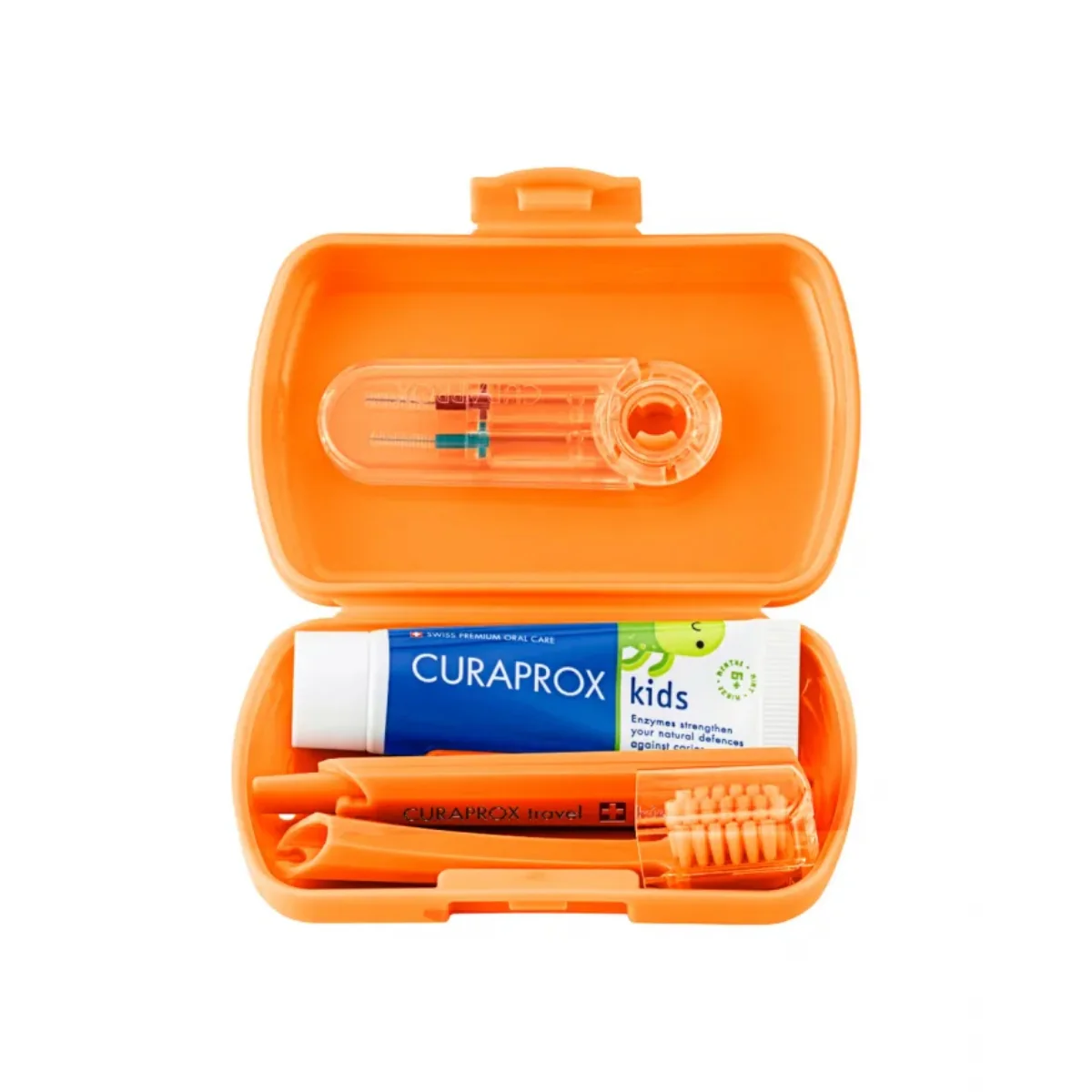 Curaprox Kids Travel Set Orange Toothbrush + Interdental Brush + Toothpaste 10ml - Image 2