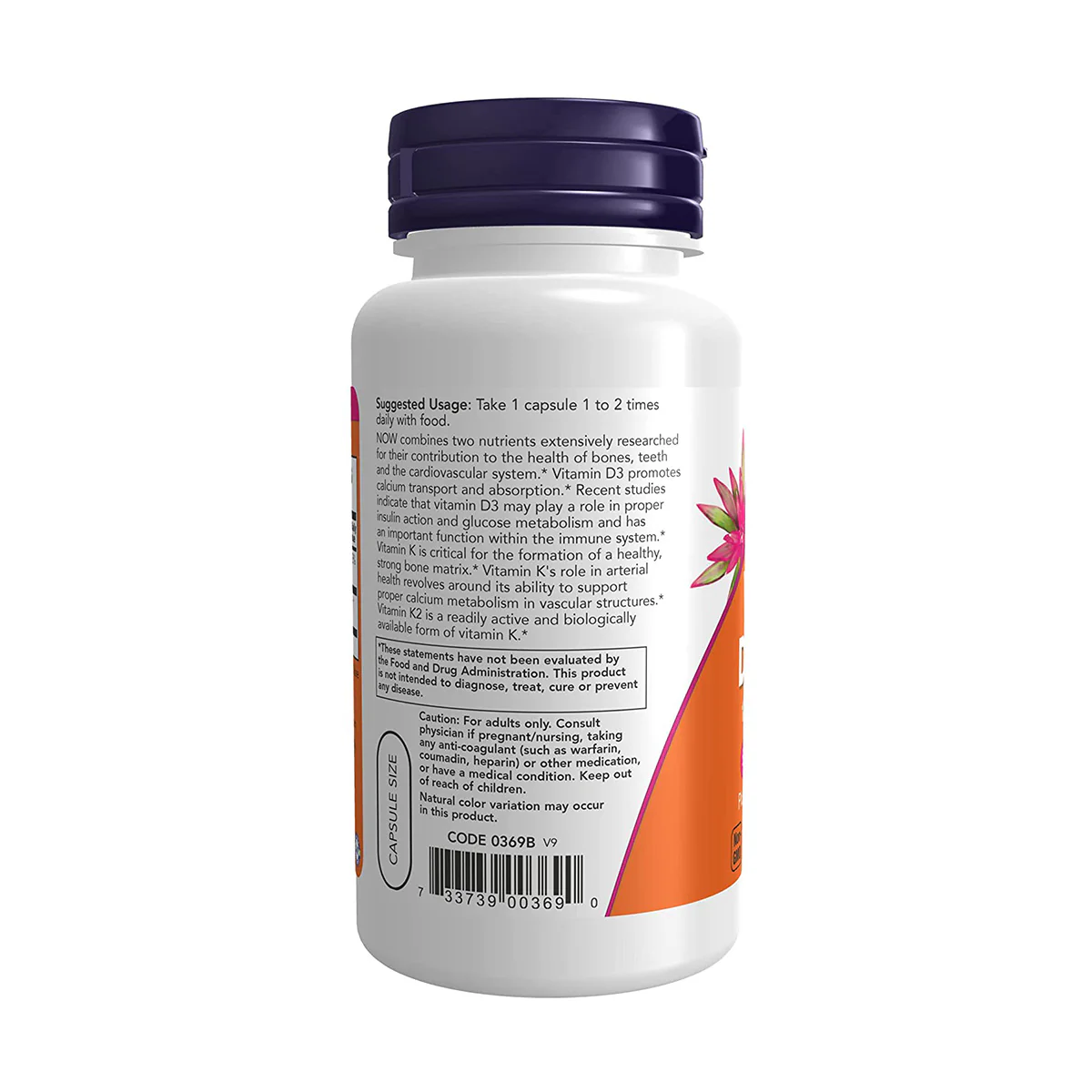 Now Vitamin D3 1,000IU + K2 45mcg 120 VegeCapsules - Image 2