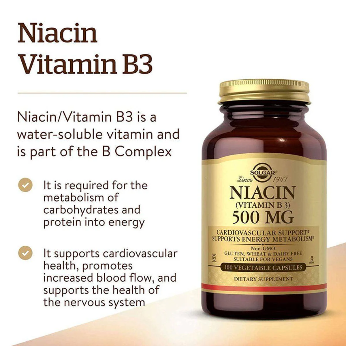 Solgar Niacin Vitamin B3 500mg 100 Vege Capsules - Image 2