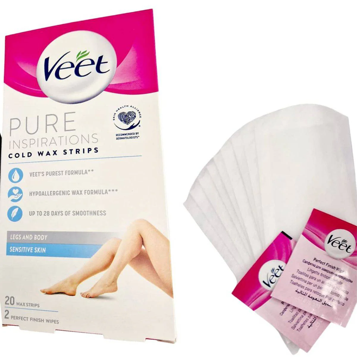 Veet Wax Strips Pure Legs & Body Wax For Sensitive Skin 20 Strips